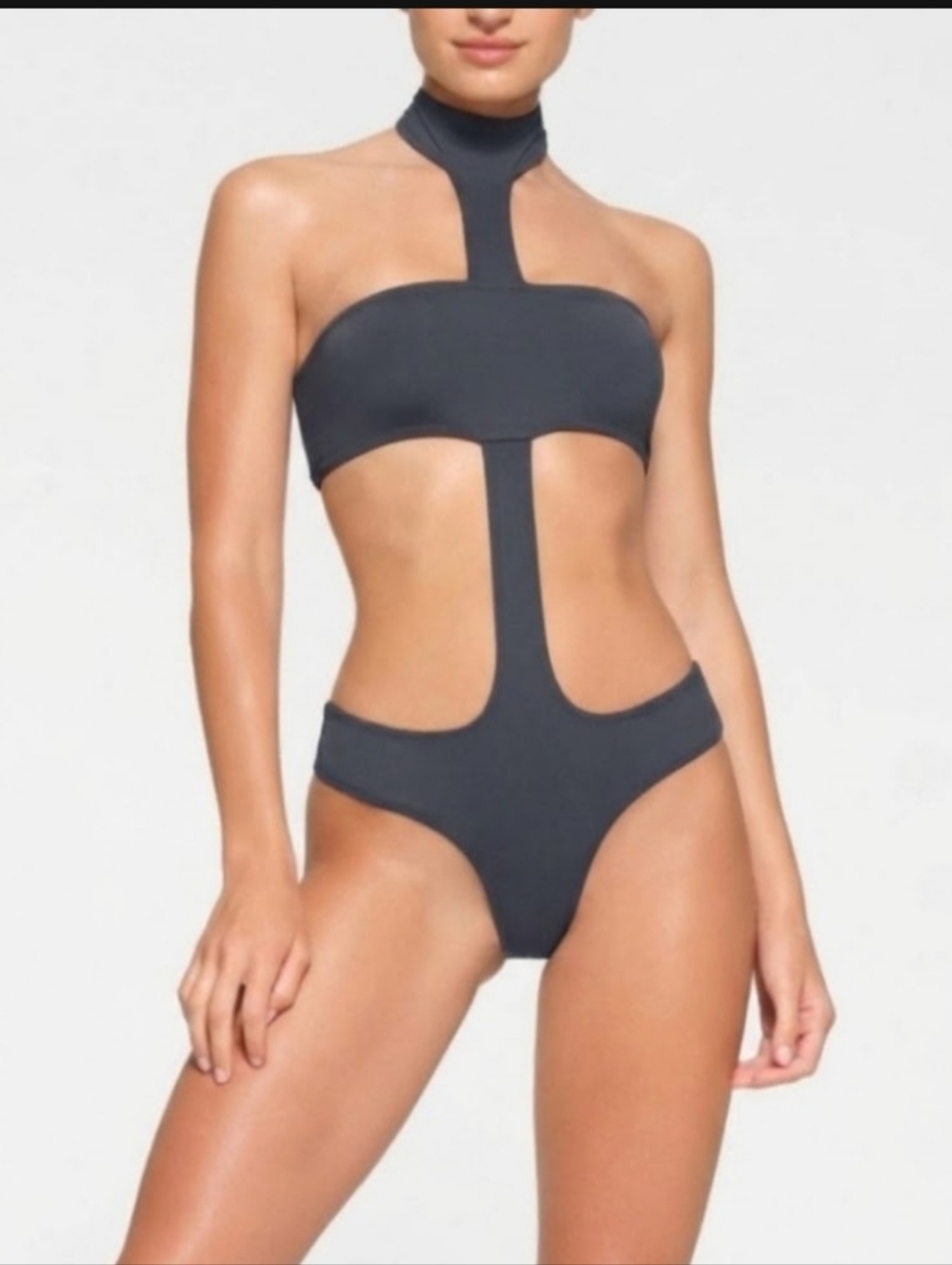 NWT SKIMS RECYCLED SWIM CUT OUT HALTER MONOKINI GUNMETAL GRAY XL